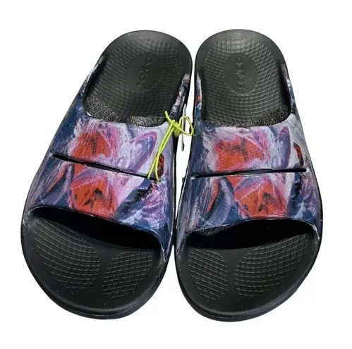 OOFOS OOLALA Sandal Slide Black Abstract Floral Comfort Women's Size M6 W8 EU39 Purple