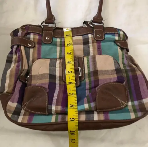 2000s Y2K quirky retro Multicolored colorful plaid shoulder hand bag purse brown leather trim silver hardware