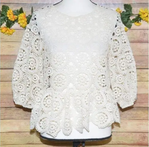 JustFab Ladies S Cream Crochet 3/4 Puff Sleeve Top Cottage Granny Core Boho