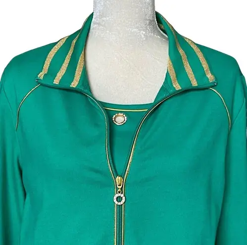 Quacker Factory  Womens Two Piece Set Tank Zip Up Jacket Size M Rhinestones Green