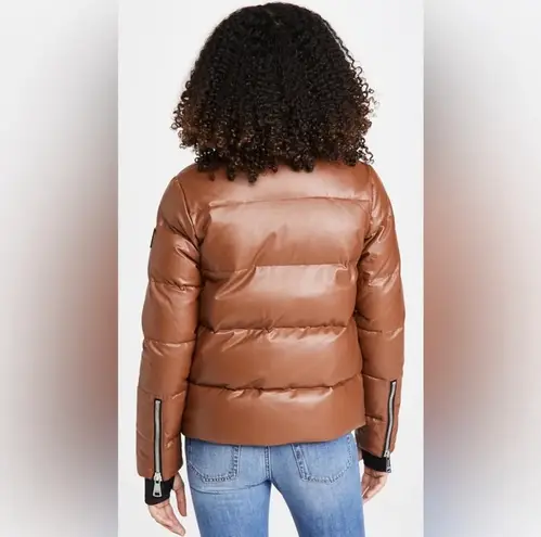 SAM. Isabel Vegan Down Puffer Jacket Faux Leather Stowaway Hood Saddle Brown S