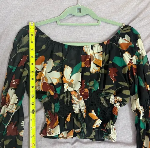 Black Square Neck Cottagecore Floral Chiffon Blouse With Ruffle Sleeves Top Multiple