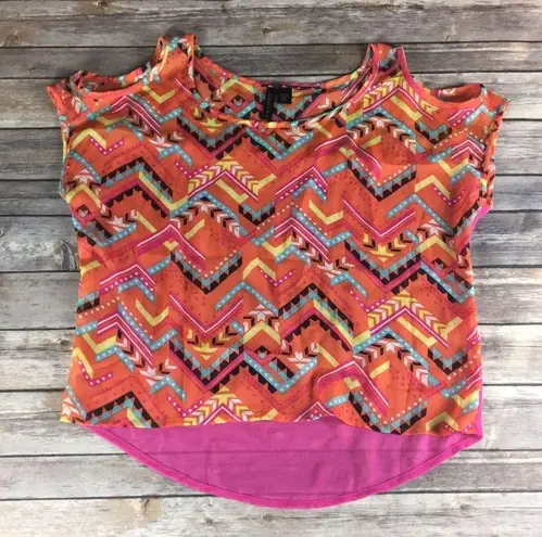 Full Tilt SHEER ORANGE & PINK AZTEC COLD SHOULDER TOP