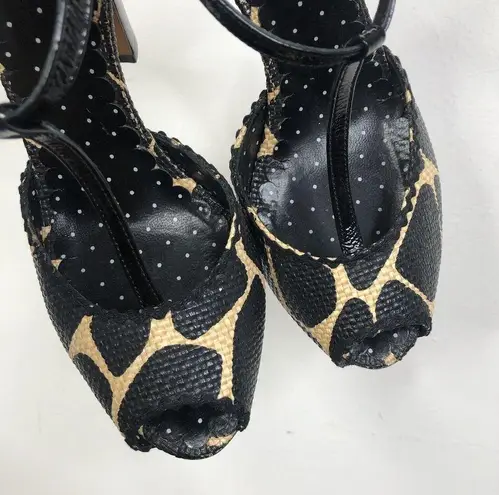 Moschino  CHEAPANDCHIC Black Tan Animal Print Peep-Toe T-Strap Heels Size 39.5