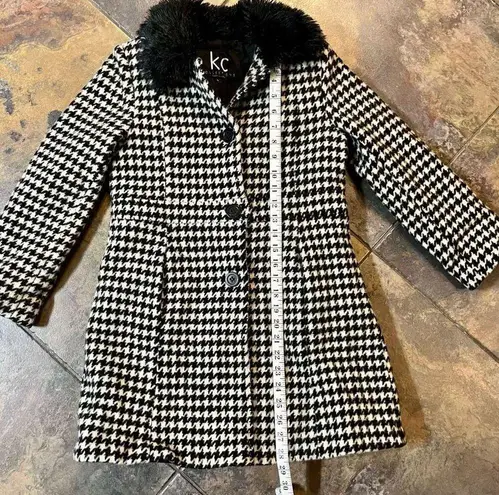 KC Collections Junior’s Large Houndstooth Black White Peacoat Faux Fur Collar Black