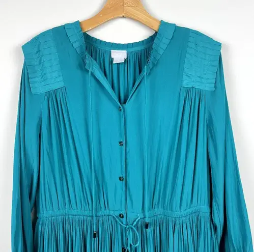 Chico's  2 Midi Dress 12 Teal Green Crinkle Pleated 3/4 Sleeve Button Up Tie Waist