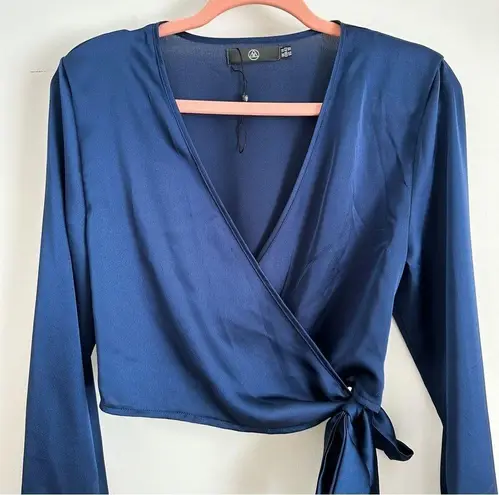 Missguided NWOT  Dark Midnight Blue Satin Cropped Wrap Blouse Top