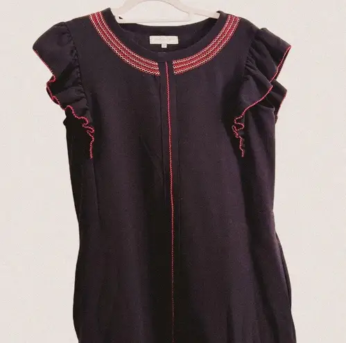 Casilda Mutt Black Embroidered Shift Dress – Red & Pink Floral, Flutter Sleeve S