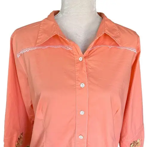 Eastwood Ranch Western Button Down Shirt Rose Embroidery Lace Peach L Orange Size L