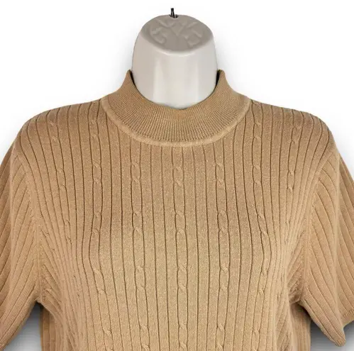 Laura Scott  Ribbed Cable Knit Short Sleeve Sweater Mock Neck Camel Tan Large