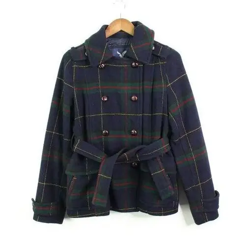 American Eagle  Plaid Double Breasted Pea Coat Navy M