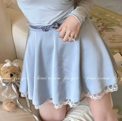 Japanese Kawaii Pastel Grey Blue Lace Velvet Bow Ribbon Silky Mini Skirt Size XS