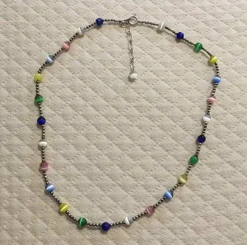 Sterling Silver VTG Multicolor Cats Eye Station Beaded Choker Necklace Extension - Image 9