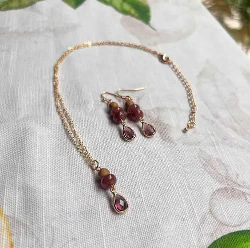 Garnet Jewelry Set, Strawberry Quartz Necklace, Nature Wood Bead Casual Set Red