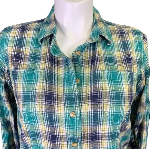 Duluth Trading Co Womens Shirt Top Plaid Button Down Collared Green Blue Large