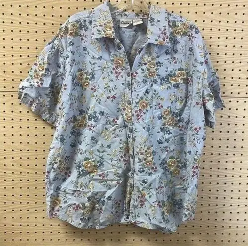 Vintage Blue Floral 90s collared button down short sleeve shirt y2k