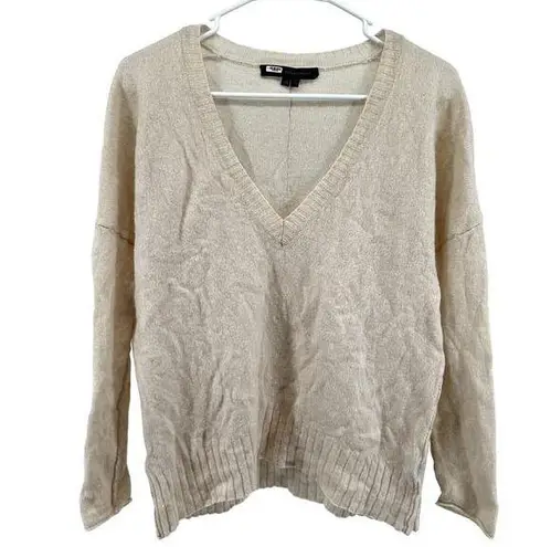 360 Cashmere  Pullover Sweater V Neck Dolman Ribbed Trim Cream XSP