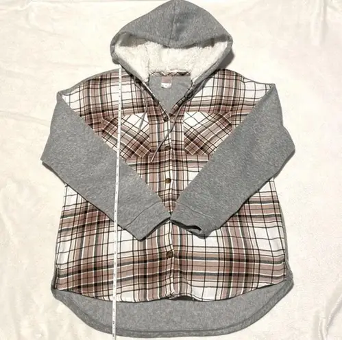 No Boundaries - Grey & Brown Plaid Button Down Sherpa Lined Hoodie Size L (11-13)