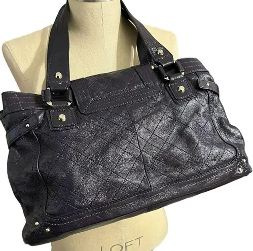 Elliott Lucca Glossy Eggplant Purple Leather Textured Quilted Satchel Purse