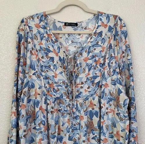 Pretty Garden Tie V-Neck Long Sleeves Floral Blouse Top, Size XL