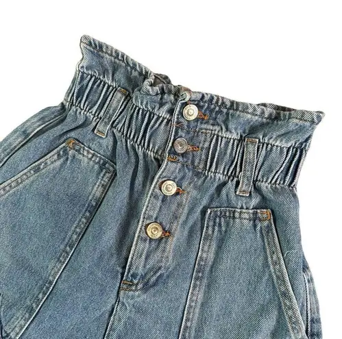 ZARA  High Rise Denim‎ Shorts Paper Bag Button Fly Blue Cut Off Women's Size 0