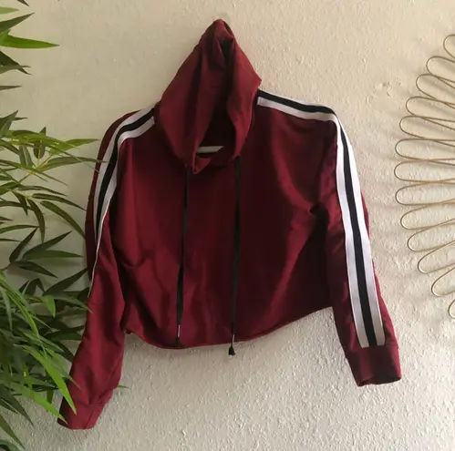 Red burgundy long sleeve crop hoodie sweatshirt with black and white stripes. Size M