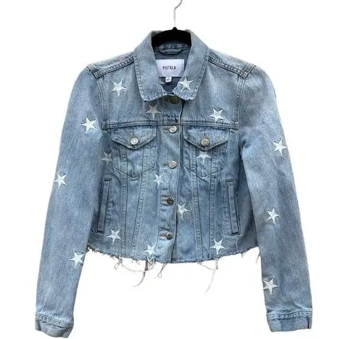 Pistola Brando White Star Cropped Denim Jacket White Zodiac Embroidered Small