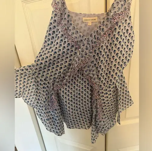 Rebecca Taylor Ditsy Tulip Blue and White Silk Top Size 6 Drape Handkerchief