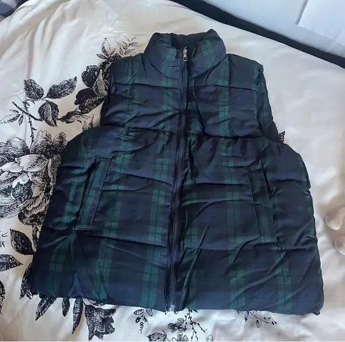 Navy & Green Yuanfang Plaid Puffer Vest — Dark Academia Outdoorsy / Forestcore / PNW Prep Blue Size L