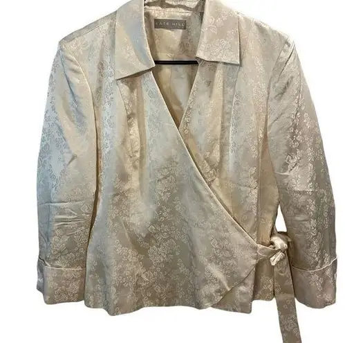 Kate Hill Vintage Cream Silk Luxury Floral Side Tie Wrap Roll Cuff Blouse Blazer