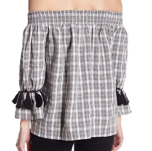 Very J Gingham Tassel Off Shoulder Blouse