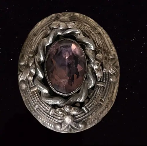 Antique Victorian Oval Amethyst Brooch Silver