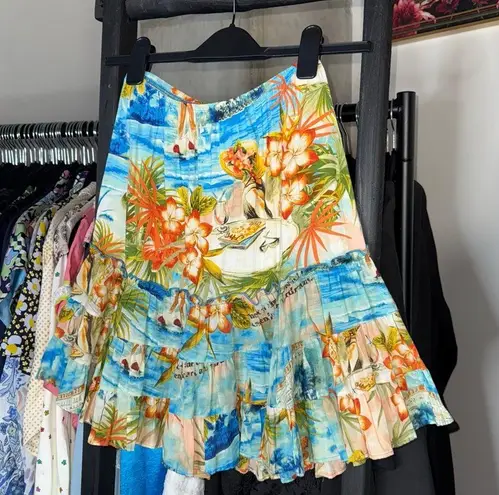 Jams World Voile Hawaiian Print Ruffle Tiered High Waist Mini Skirt XS