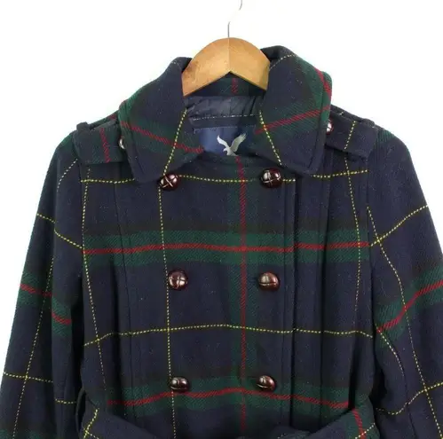 American Eagle  Plaid Double Breasted Pea Coat Navy M