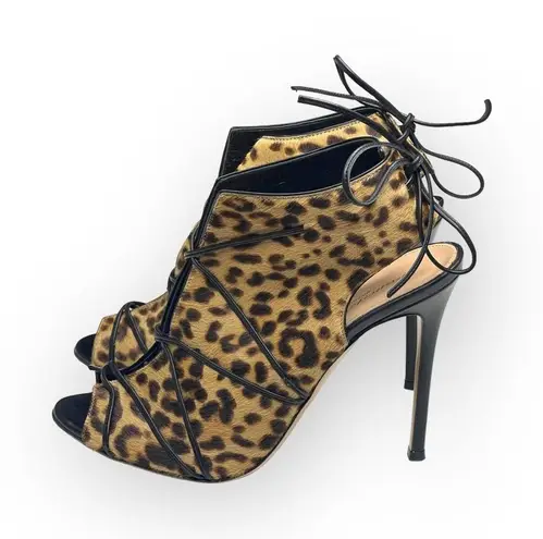 Gianvito Rossi 𒀭 Open Toe Stiletto Heel Bootie 𒀭Leopard Print Calf Hair 𒀭40