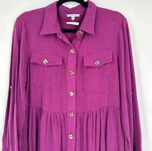 White Birch NWT  Frayed Hem Button Front linen blend Tunic Dress Purple Small