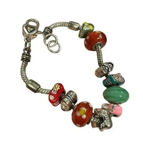 Silver Plated 10 Charms Murano Beads Shoe Spacers Snake Chain Bracelet