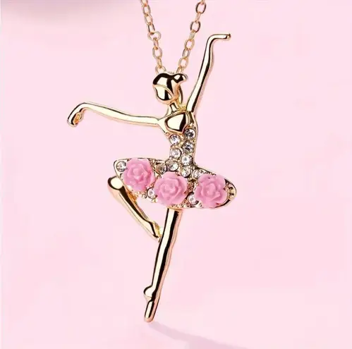 Gold Ballerina Pendant Necklace Pink Rose Tutu, Crystal Accents, Elegant Gift
