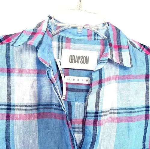 Grayson Threads  The Hero 100% Linen Blue Plaid Button Down Top Anthropologie - Image 9