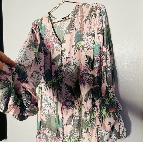 LoboRosa Pink Floral Puff Sleeve Palms Button Front Up Dress Size Large