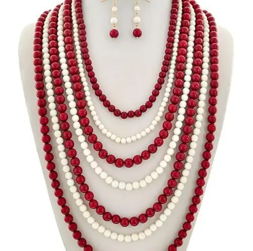 RED & IVORY MULTI ROW NECKLACE & EARRING SET