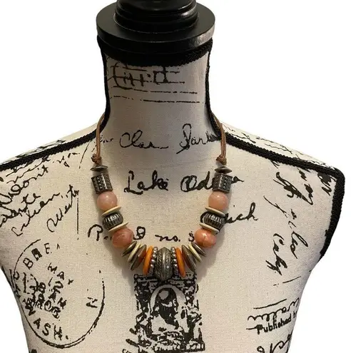 Beaded Necklace Chunky BOHO Leather Cord Orange Pink Gold Bougie Fashion Jewelry