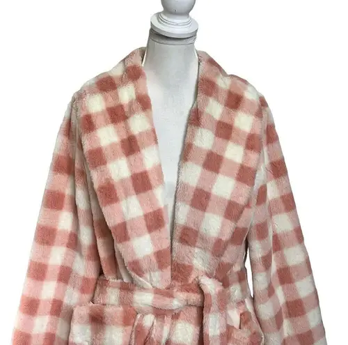 APPARIS Rare Gingham Check Teddy Coat with Tie Waist Pink Jacket Womens Size S/M Size M