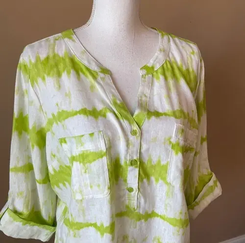 Coral Bay | Green Tie Dye Linen Blend Blouse Sz LP