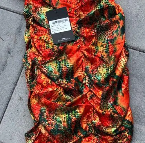 Pretty Little Thing Multi Snake Print Satin Halterneck Cut Out Ruched Bodycon Dress 