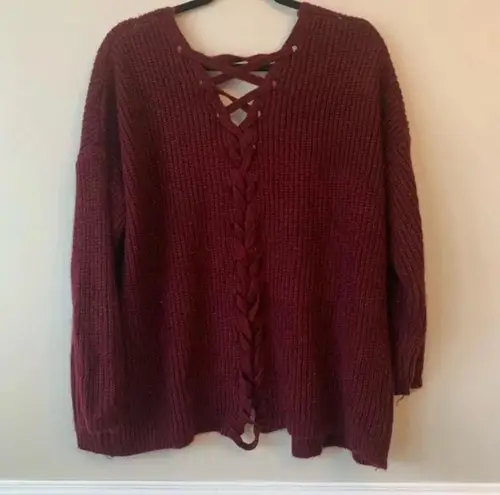 Dreamers Maroon Crisscross Lace Up Back Open Front Cardigan Sweater Size M/L