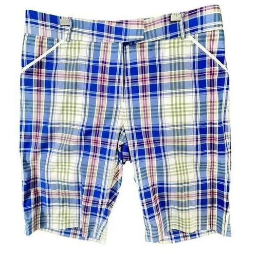 Peter Millar Bermuda Golf Shorts Women 12 Blue Plaid Cotton Casual Preppy Tennis