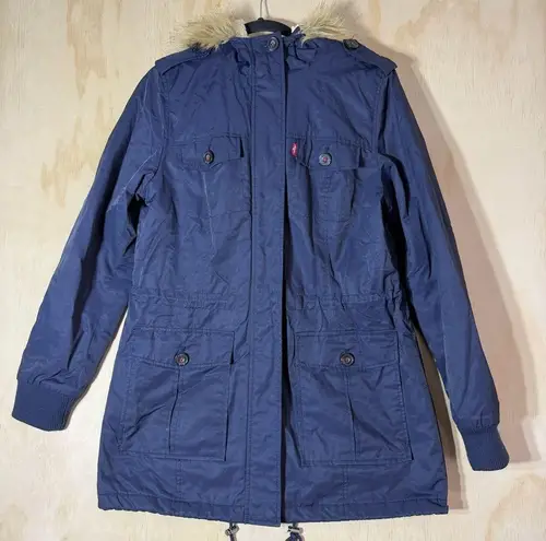 Levis Women’s Mid Length Parka Jacket With A Faux Fur Lined Hood & Sherpa Lining Blue Size M