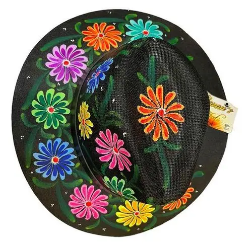 HAT MEXICAN Artisanal Hand Painted Fedora Floral Sombrero Panama Bohemian Black