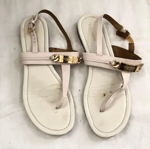 Coach Patent Leather T-Strap Logo Plate Caterine Sandals Light Beige Size 8